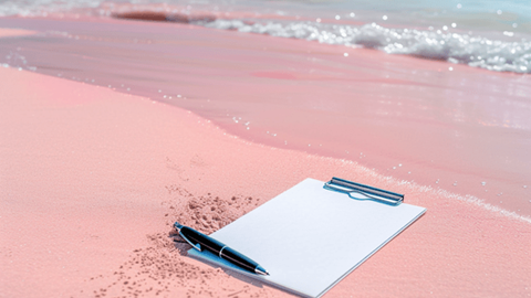 Sign-up sheet and pen laying on the beach with waves rolling in