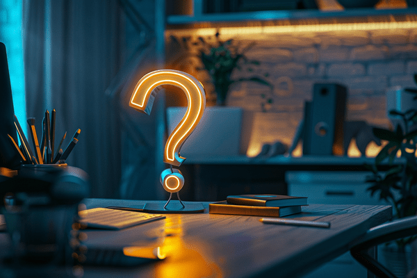 Glowing question mark on an office desktop
