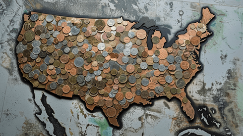 Map of the United States covered in coins