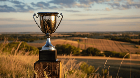 A trophy in a filed surrounded by farmland