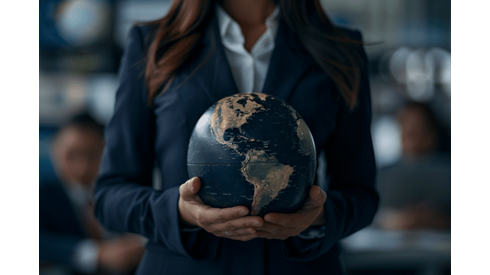 Businesswoman in a dark blue suit holding a globe in her hands