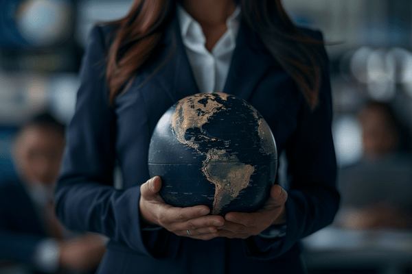 Businesswoman in a dark blue suit holding a globe in her hands