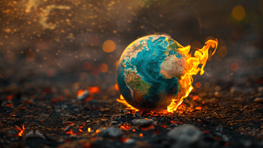 Globe on fire on top of the ground, which is covered in ashes