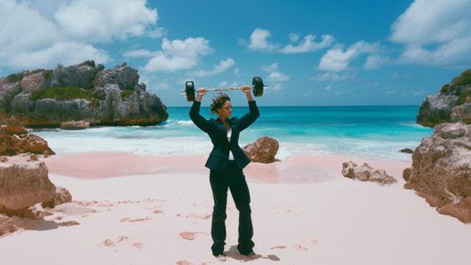 Businsesswoman lifitng weights on a beach with pink sand