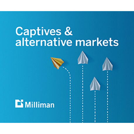Milliman Captives and Alternative Markets advertisement of upward paths of 4 paper airplanes with one veering to the left.