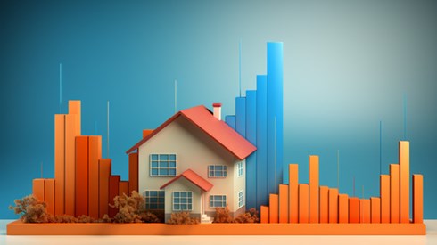 Illustration of a House Surrounded by Orange and Blue Bar Graphs