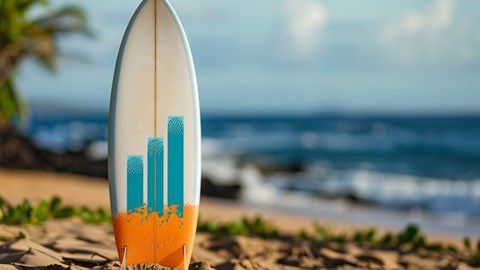 A surfboard sticking vertically out of the sand with a bar graph printed on it