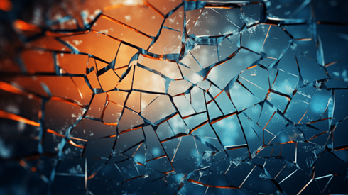 Pieces of Shattered Glass Form a Mosaic Against Points of Light in a Blue and Orange Background