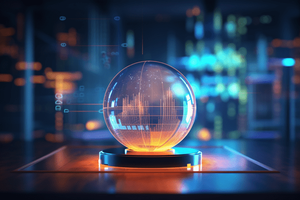 Illustration of a Crystal Ball Containing a Bar Graph with Muted Tech Lights in Background