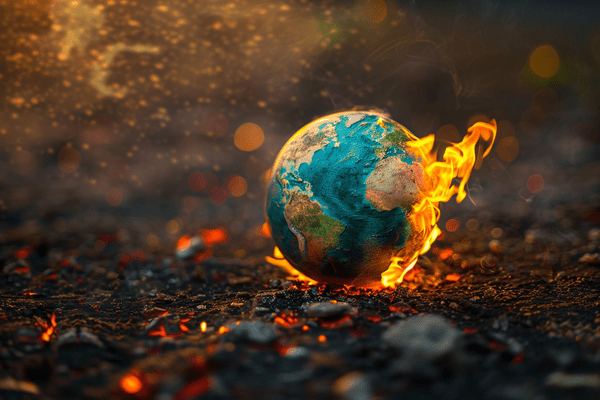 Globe on fire on top of the ground, which is covered in ashes