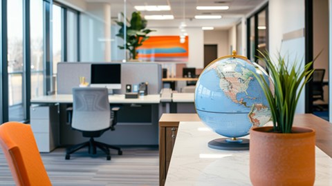 Company office with a globe and small plant on a desk