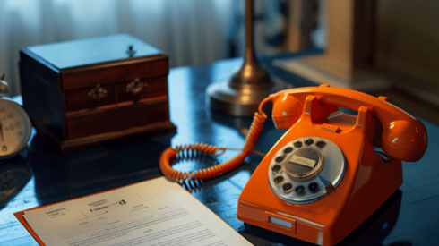 Orange rotary telephone on a desk next to a contract