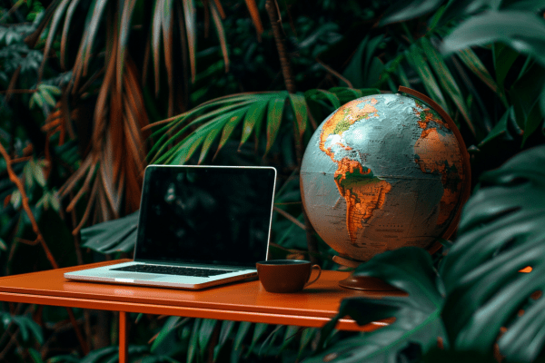 Laptop, coffee cup, and globe sitting on a desk in the jungle
