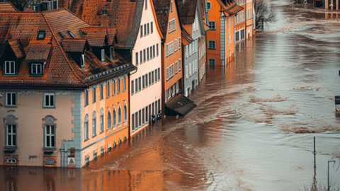 Buildings covered in high flood water