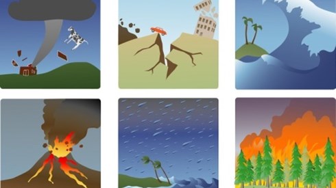 Six panels each showing natural disasters such as tornado, earthquake, tsunami, volcano eruption, hurricane, and wildfire