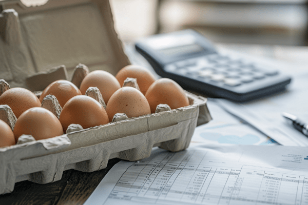 A dozen brown eggs in a carton sitting on a desk with a calculator and financial papers