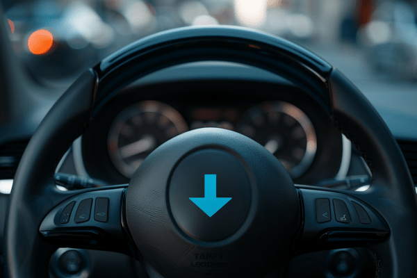 Steering wheel of a car with a downward blue arrow in the center of it