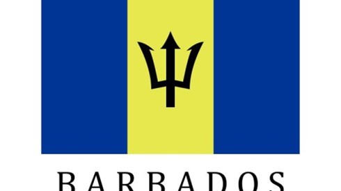 Above the word BARBADOS is its flag with 2 blue vertical outer panels and gold center panel with a broken three-pronged spear