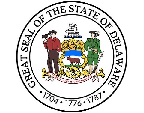 GREAT SEAL OF THE STATE OF DELAWARE with the years 1704 1776 1787 on a white background