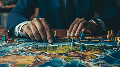 Businessman playing a board game that is a map of the world
