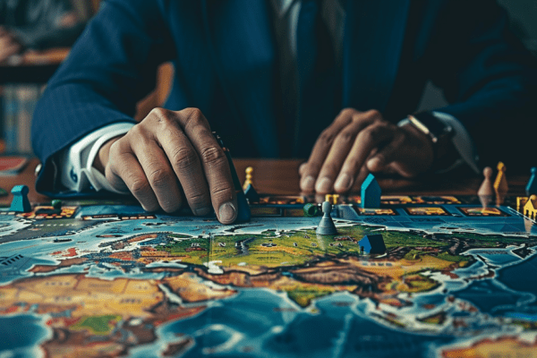 Businessman playing a board game that is a map of the world