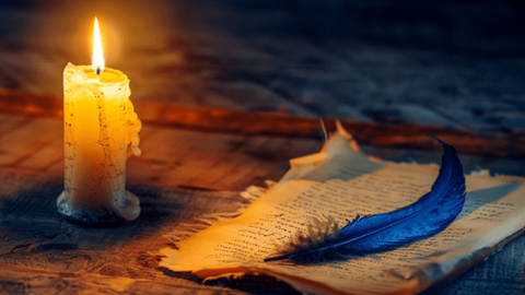 A candlelit parchment contract on a wooden desk with a dark blue feather quill pen lying on top of the contract