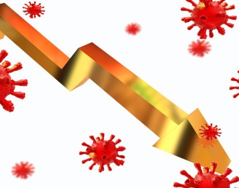 Gold arrow zigzagging downward surrounded by red bacteria molecules