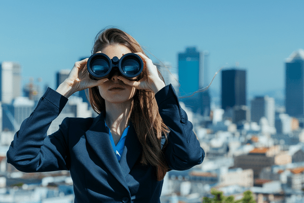 Businesswoman using binoculars with a city skyline in the background