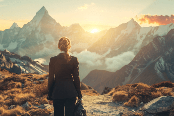 Businesswoman carrying a briefcase about to hike to the top of a mountain