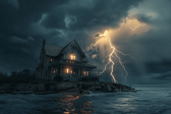 House in a lightning storm next to the coast