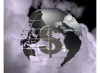 Globe-shaped graph with clouds in background and dollar sign in center