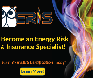 IRMI and ERIS logos with promo Become an Energy Risk and Insurance Specialist and multi-colored smoke