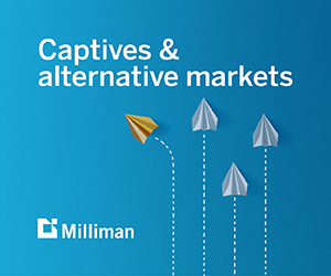 Milliman Captives and Alternative Markets advertisement of upward paths of 4 paper airplanes with one veering to the left.
