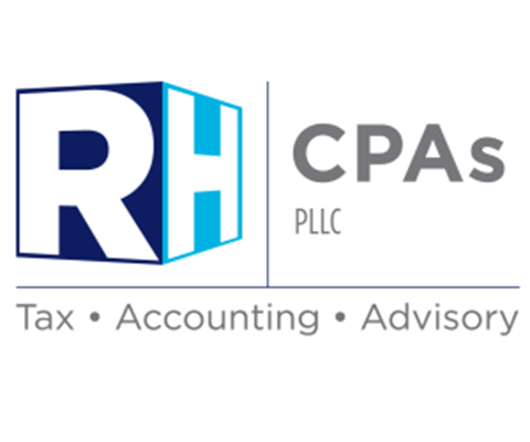 Logo for RH CPAs, PLLC, with a navy and light blue box over the words Tax, Accounting, and Advisory