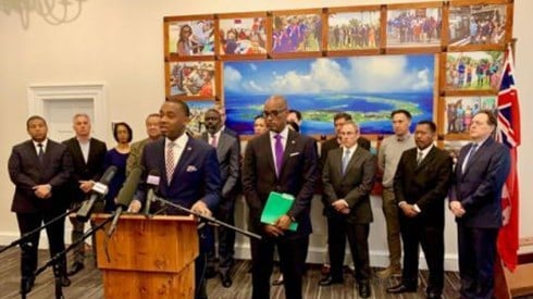 Photo at press conference over the European Union's blacklist on Bermuda