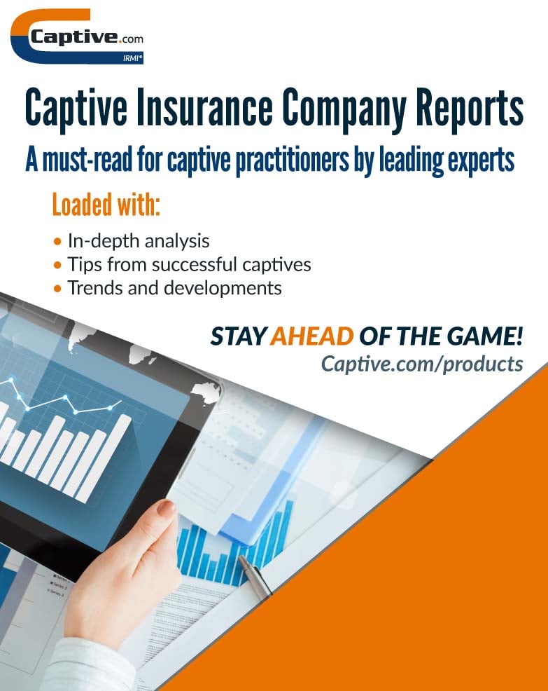 Captive.com logo and ad for Captive Insurance Company Reports Stay ahead of the game Captive.com/products
