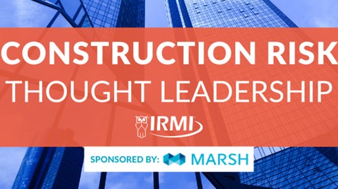Blue glass buildings covered by a red banner that says "Construction Risk Thought Leadership" and "Sponsored by Marsh"