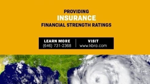 Kroll Bond Rating Agency logo and aerial view of a hurricane with the words Providing Insurance Financial Strength Ratings
