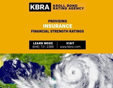 Kroll Bond Rating Agency logo and aerial view of a hurricane with the words Providing Insurance Financial Strength Ratings
