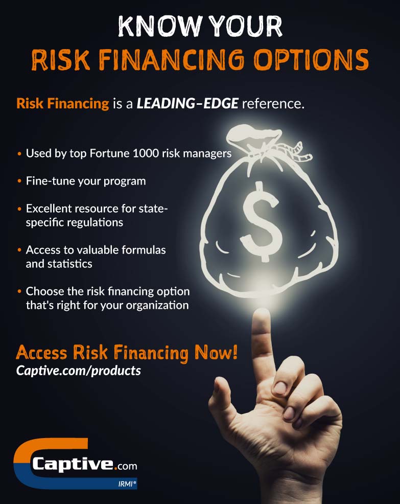 Risk Financing reference to help know Risk Financing options promo with a finger pointing upward to a glowing bag of money