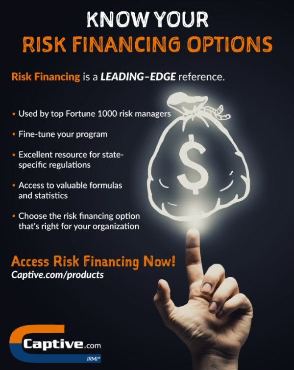 Risk Financing reference to help know Risk Financing options promo with a finger pointing upward to a glowing bag of money