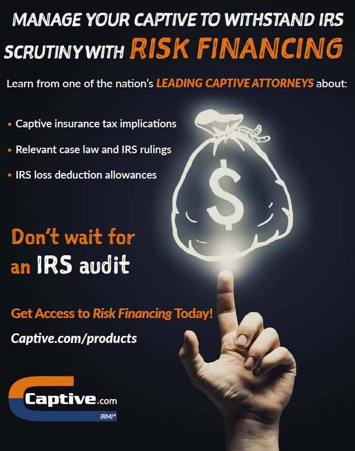 Risk Financing reference to help withstand IRS audit promo with a hand pointing upward to a glowing bag of money