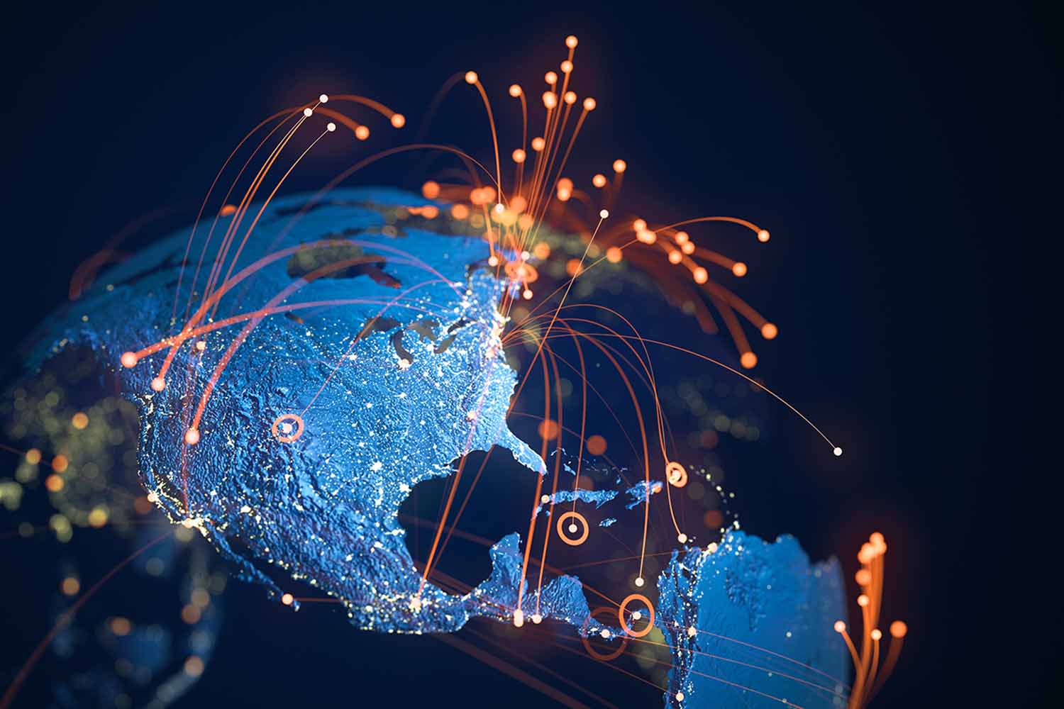 A globe with orange arcs of light emanating from points on globe