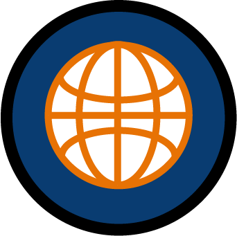 Black and blue circle icon with orange and white lined circle in the middle
