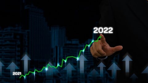 Dots connected by green lines rise upward on graph of arrows beginning with 2021 and ending with finger pointing at 2022