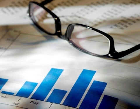 Documents with blue bar graph and financial statements with a pair of black reading glasses on top