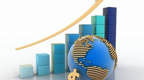 A gold arrow follows the upward growth of a bar graph and a gold dollar sign supports the tilt of a globe of gold continents
