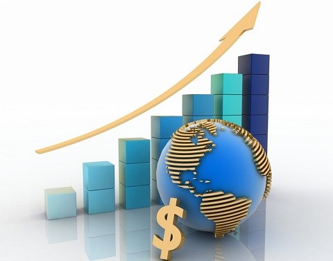 A gold arrow follows the upward growth of a bar graph and a gold dollar sign supports the tilt of a globe of gold continents