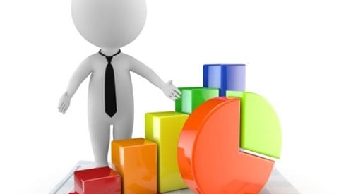 On top of a bar graph printout a 3D bubble businessman icon stands next to bar graph and pie chart colored building blocks