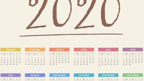 Calendar with 2020 above 12 months with multicolored titles